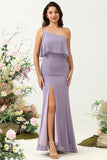 Sheath One Shoulder Purple Bridesmaid Dress with Silt