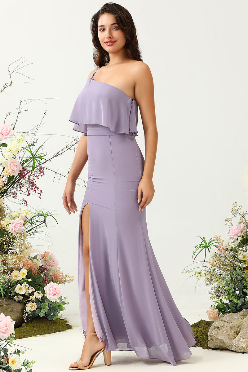 Load image into Gallery viewer, Sheath One Shoulder Purple Bridesmaid Dress with Silt