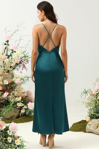 A Line Spaghetti Straps Dark Green Bridesmaid Dress with Backless