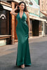 Load image into Gallery viewer, Dark Green Mermaid Halter Ruched Satin Long Bridesmaid Dress