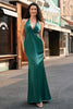 Load image into Gallery viewer, Dark Green Mermaid Halter Ruched Satin Long Bridesmaid Dress