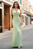 Load image into Gallery viewer, Dark Green Mermaid Halter Ruched Satin Long Bridesmaid Dress