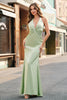 Load image into Gallery viewer, Dusty Sage Satin Mermaid Ruched Halter Bridesmaid Dress