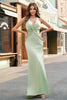 Load image into Gallery viewer, Dark Green Mermaid Halter Ruched Satin Long Bridesmaid Dress