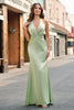 Load image into Gallery viewer, Dusty Sage Satin Mermaid Ruched Halter Bridesmaid Dress