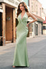 Load image into Gallery viewer, Dusty Sage Satin Mermaid Ruched Halter Bridesmaid Dress