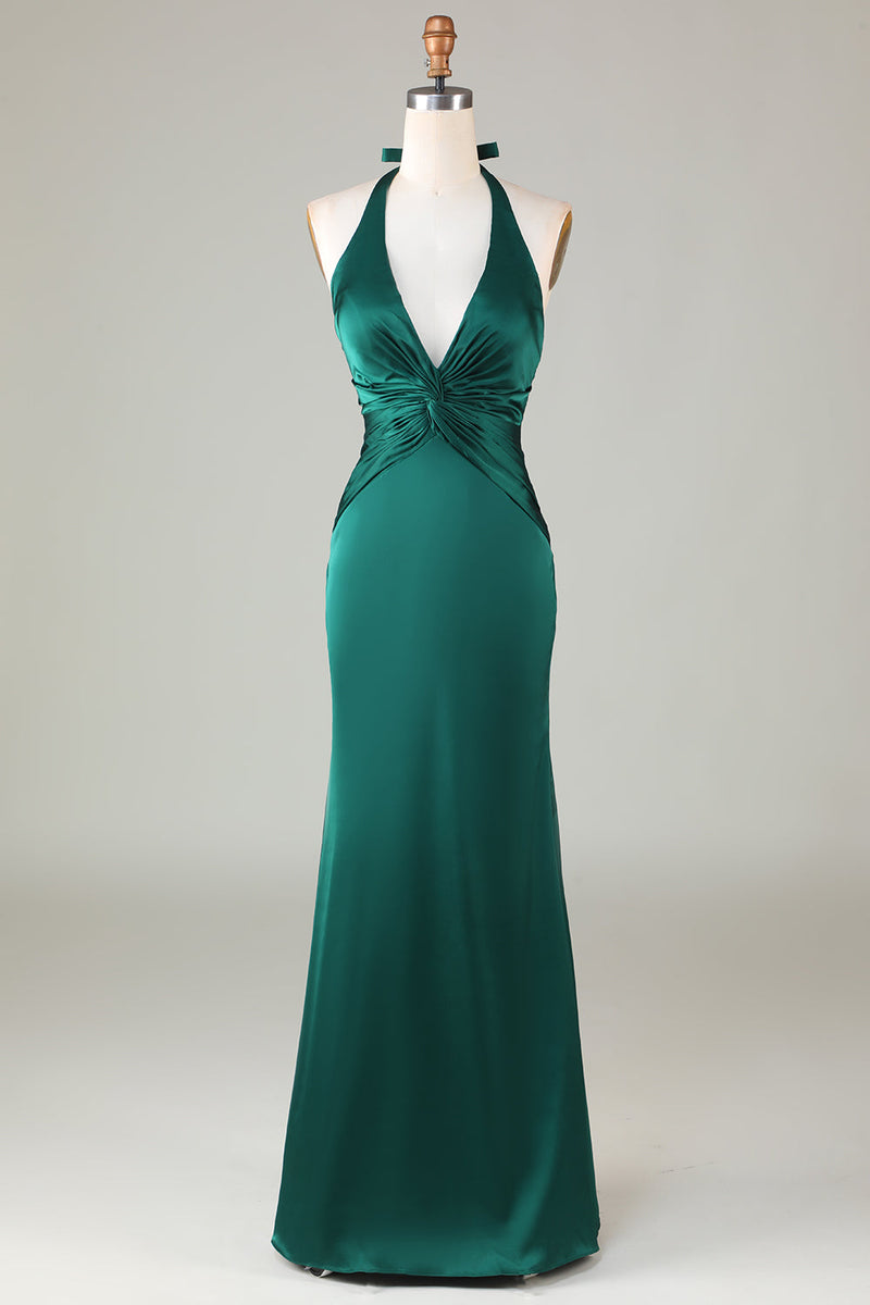 Load image into Gallery viewer, Dark Green Mermaid Halter Ruched Satin Long Bridesmaid Dress