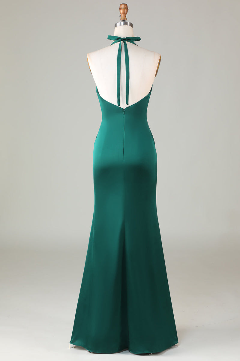 Load image into Gallery viewer, Dusty Sage Satin Mermaid Ruched Halter Bridesmaid Dress