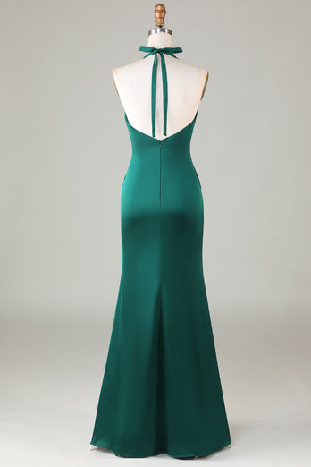 Dark Green Mermaid Halter Ruched Satin Long Bridesmaid Dress