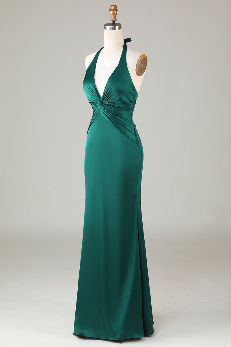 Load image into Gallery viewer, Dusty Sage Satin Mermaid Ruched Halter Bridesmaid Dress