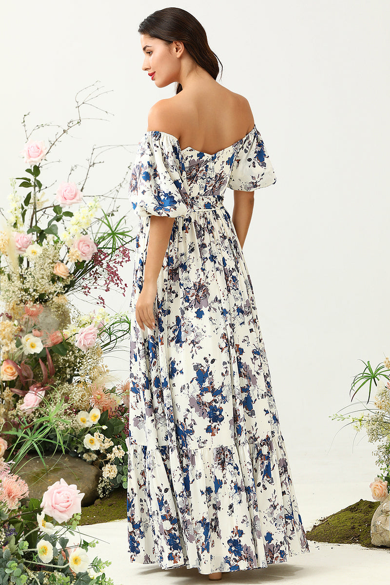Load image into Gallery viewer, White Blue Flower Boho Bridesmaid Dress