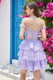 Cute A Line Dark Blue Corset Tiered Short Prom Dress with Lace