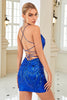 Load image into Gallery viewer, Sheath Spaghetti Straps Royal Blue Sequins Short Prom Dress