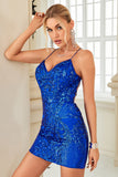 Sheath Spaghetti Straps Royal Blue Sequins Short Prom Dress