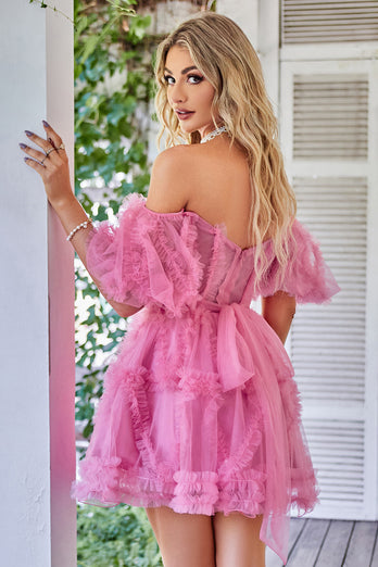 Off The Shoulder Pink Tulle Short Prom Dress