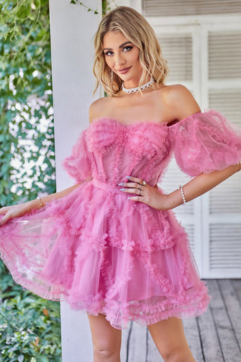 Off The Shoulder Pink Tulle Short Prom Dress