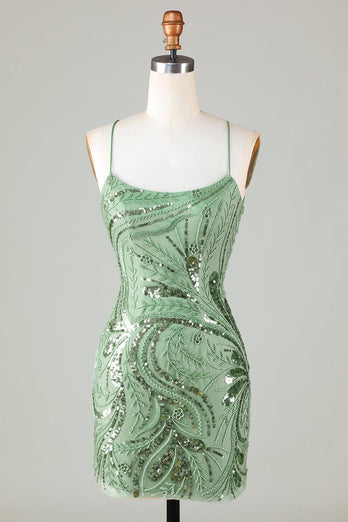 Sparkly Green Spaghetti Straps Short Graduation Dress with Lace-up Back