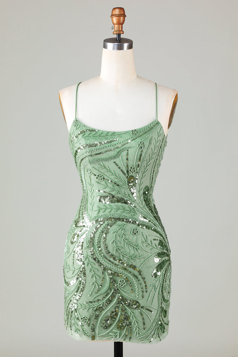 Load image into Gallery viewer, Sparkly Green Spaghetti Straps Short Graduation Dress with Lace-up Back