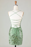 Sparkly Green Spaghetti Straps Short Graduation Dress with Lace-up Back
