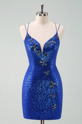 Royal Blue Glitter Tight Graduation Dress with Sequins Butterflies