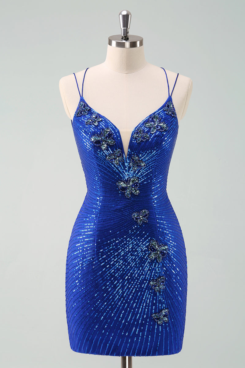 Load image into Gallery viewer, Royal Blue Glitter Tight Graduation Dress with Sequins Butterflies