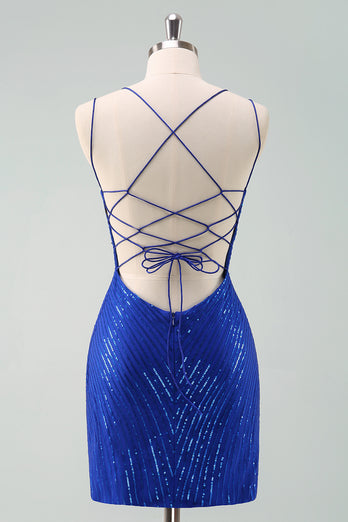 Royal Blue Glitter Tight Graduation Dress with Sequins Butterflies