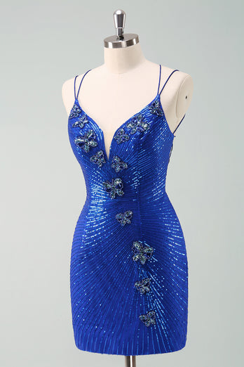 Royal Blue Glitter Tight Graduation Dress with Sequins Butterflies