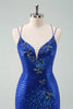 Load image into Gallery viewer, Royal Blue Glitter Tight Graduation Dress with Sequins Butterflies