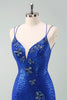 Load image into Gallery viewer, Royal Blue Glitter Tight Graduation Dress with Sequins Butterflies