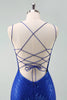 Load image into Gallery viewer, Royal Blue Glitter Tight Graduation Dress with Sequins Butterflies