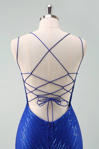 Royal Blue Glitter Tight Graduation Dress with Sequins Butterflies