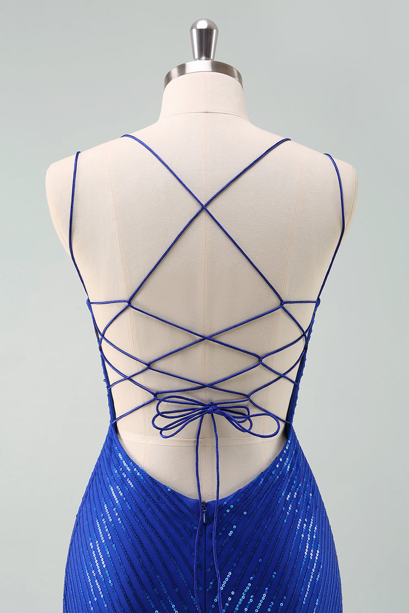 Load image into Gallery viewer, Royal Blue Glitter Tight Graduation Dress with Sequins Butterflies