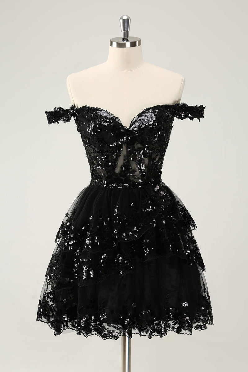 Load image into Gallery viewer, Sparkly Black A Line Off The Shoulder Corset Tiered Lace Short Graduation Dress