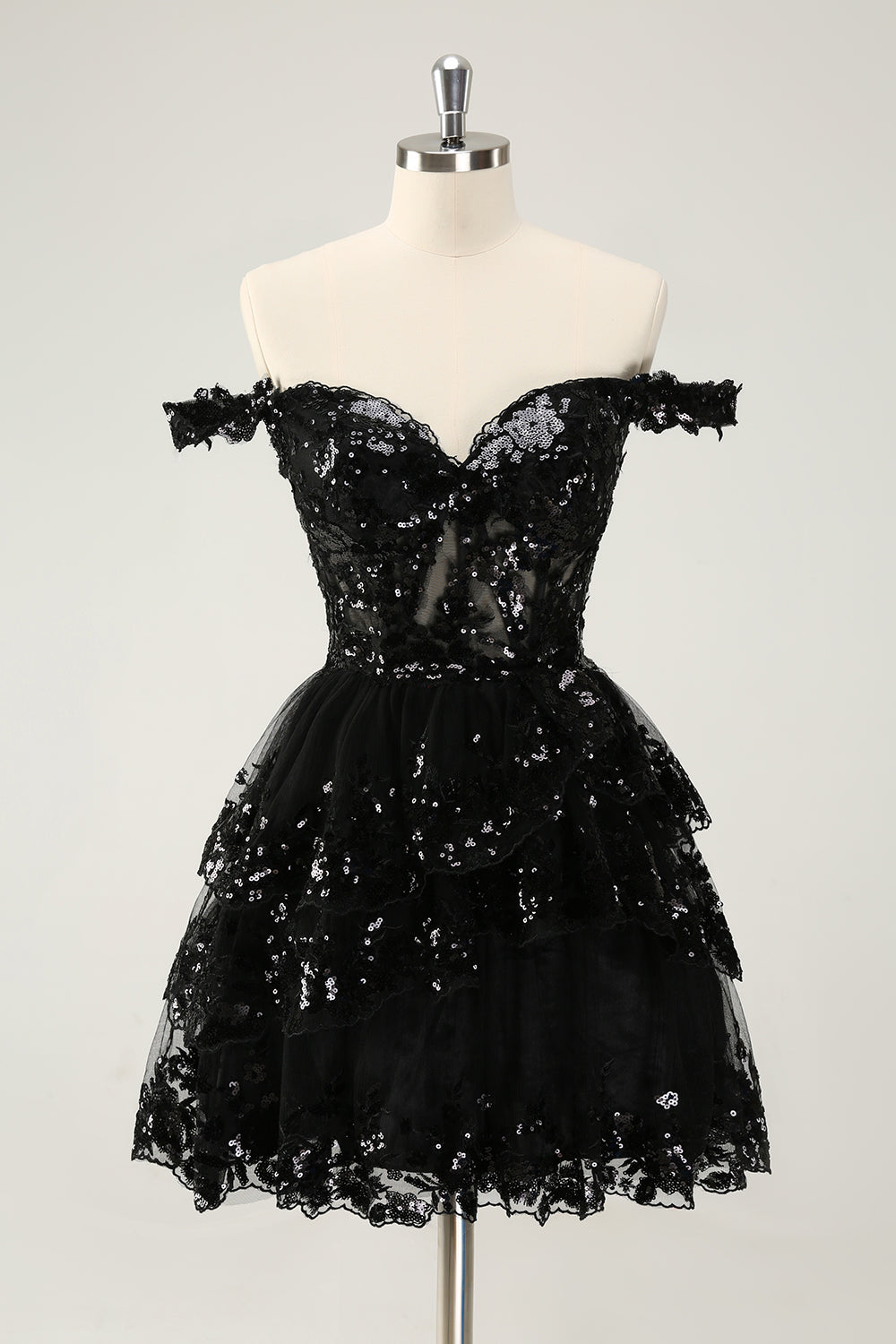 Sparkly Black A Line Off The Shoulder Corset Tiered Lace Short Graduation Dress