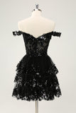 Sparkly Black A Line Off The Shoulder Corset Tiered Lace Short Graduation Dress