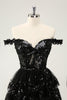 Load image into Gallery viewer, Sparkly Black A Line Off The Shoulder Corset Tiered Lace Short Graduation Dress