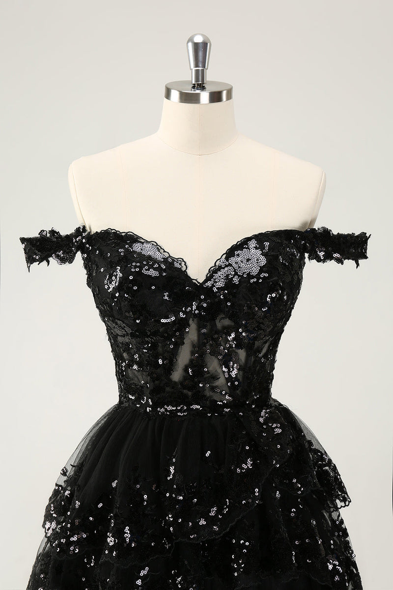 Load image into Gallery viewer, Sparkly Black A Line Off The Shoulder Corset Tiered Lace Short Graduation Dress