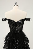 Sparkly Black A Line Off The Shoulder Corset Tiered Lace Short Graduation Dress