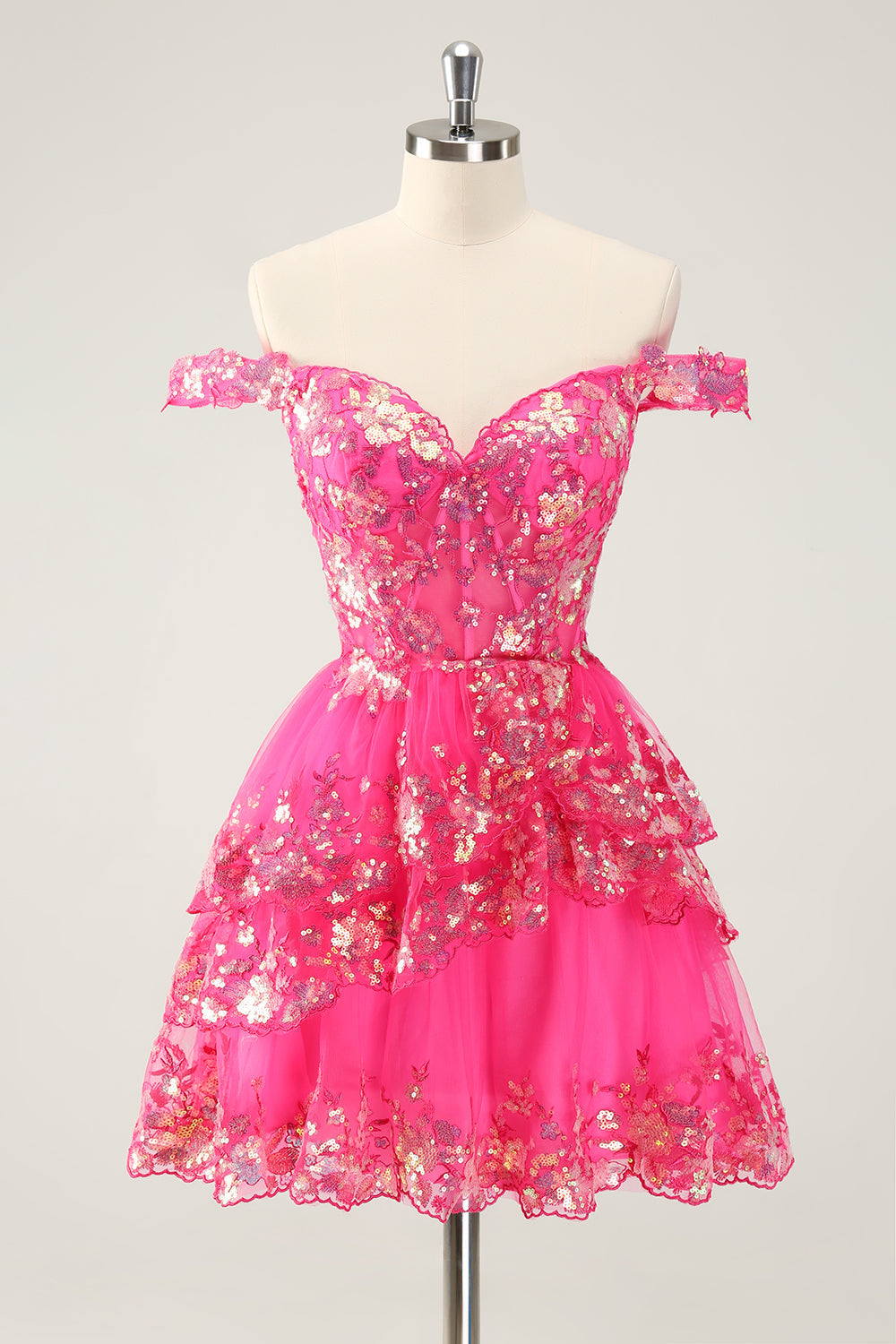 Cute Sparkly Hot Pink A Line Tiered Corset Lace Short Graduation Dress