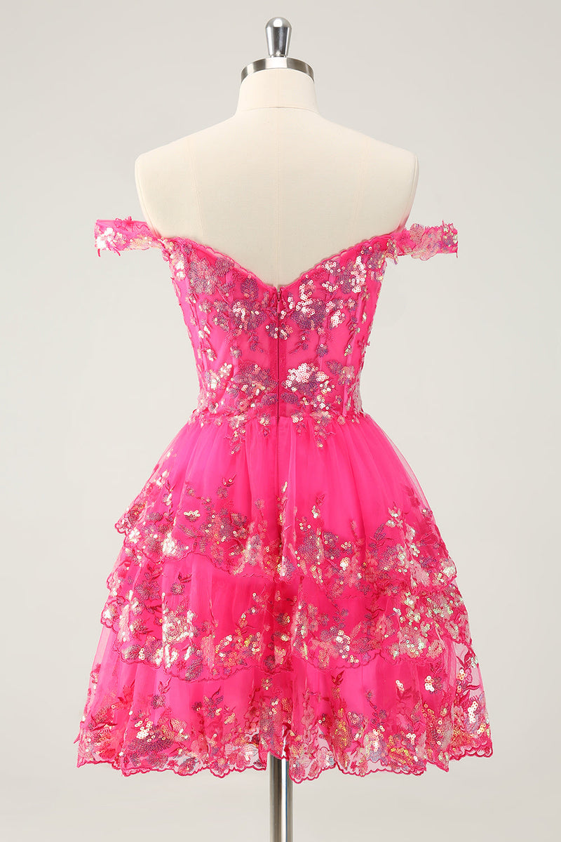 Load image into Gallery viewer, Cute Sparkly Hot Pink A Line Tiered Corset Lace Short Graduation Dress