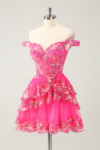 Cute Sparkly Hot Pink A Line Tiered Corset Lace Short Graduation Dress