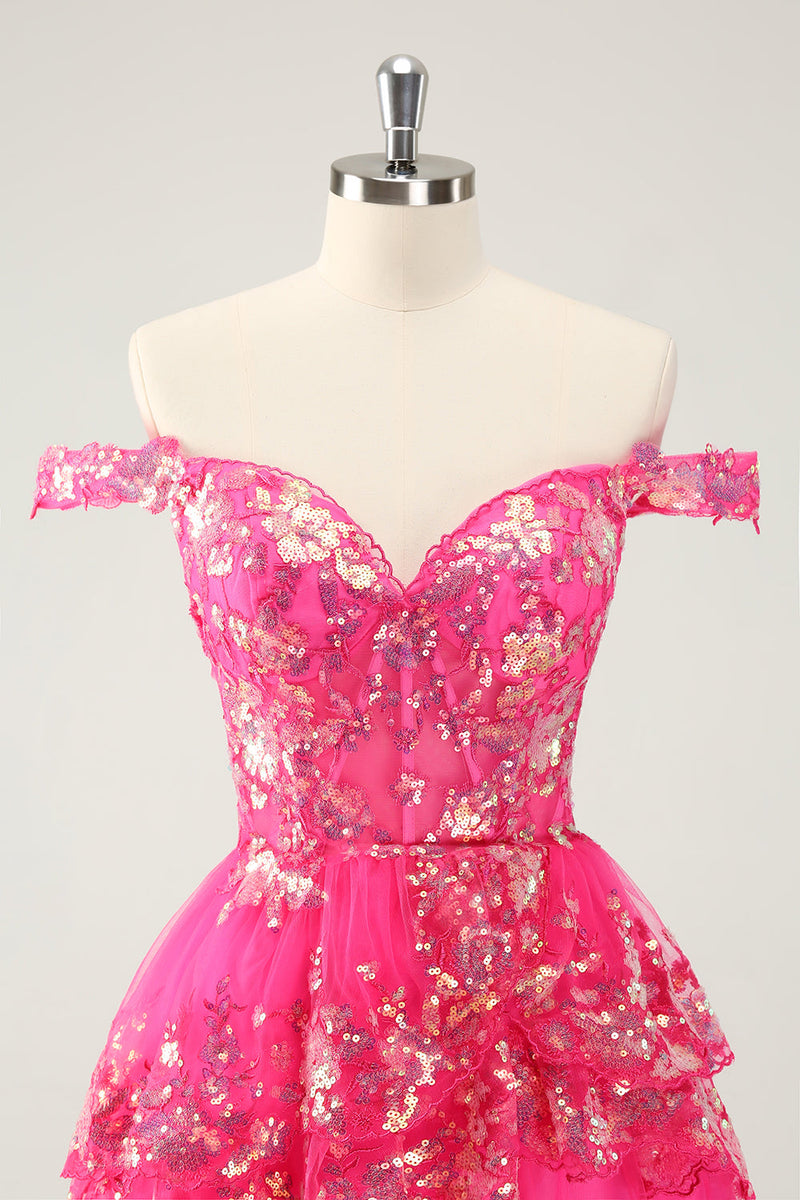 Load image into Gallery viewer, Cute Sparkly Hot Pink A Line Tiered Corset Lace Short Graduation Dress