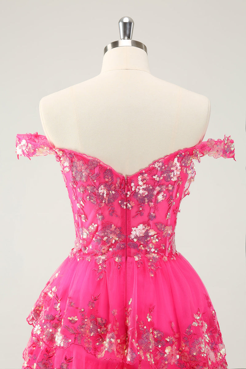 Load image into Gallery viewer, Cute Sparkly Hot Pink A Line Tiered Corset Lace Short Graduation Dress