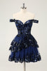 Load image into Gallery viewer, Sparkly Black A Line Off The Shoulder Corset Tiered Lace Short Graduation Dress