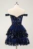 Load image into Gallery viewer, Sparkly Black A Line Off The Shoulder Corset Tiered Lace Short Graduation Dress