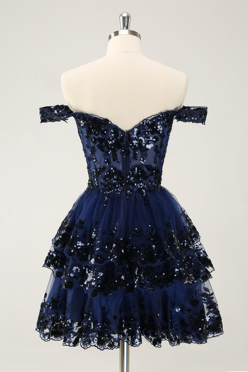 Load image into Gallery viewer, Sparkly Black A Line Off The Shoulder Corset Tiered Lace Short Graduation Dress