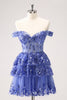 Load image into Gallery viewer, Sparkly A Line Off the Shoulder Dark Blue Corset Graduation Dress with Ruffles