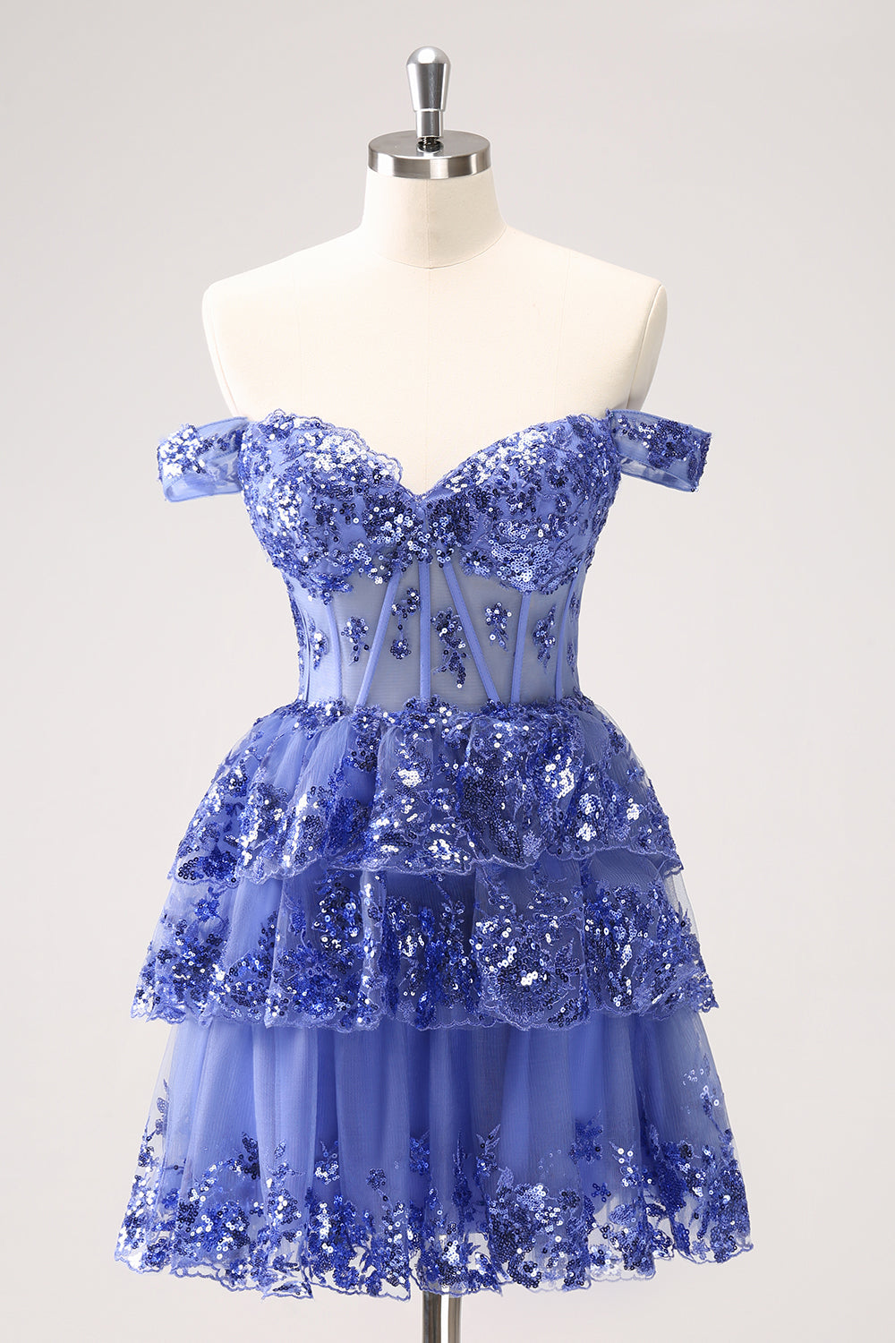 Sparkly A Line Off the Shoulder Dark Blue Corset Graduation Dress with Ruffles