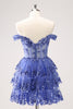 Load image into Gallery viewer, Sparkly A Line Off the Shoulder Dark Blue Corset Graduation Dress with Ruffles