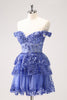 Load image into Gallery viewer, Sparkly A Line Off the Shoulder Dark Blue Corset Graduation Dress with Ruffles